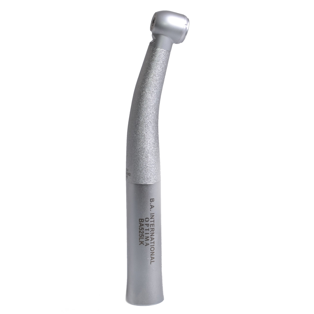 Standard head dental turbine with fibre optic light, slim polished stainless steel body, angled head with visible spray ports, and KaVo compatible connection.