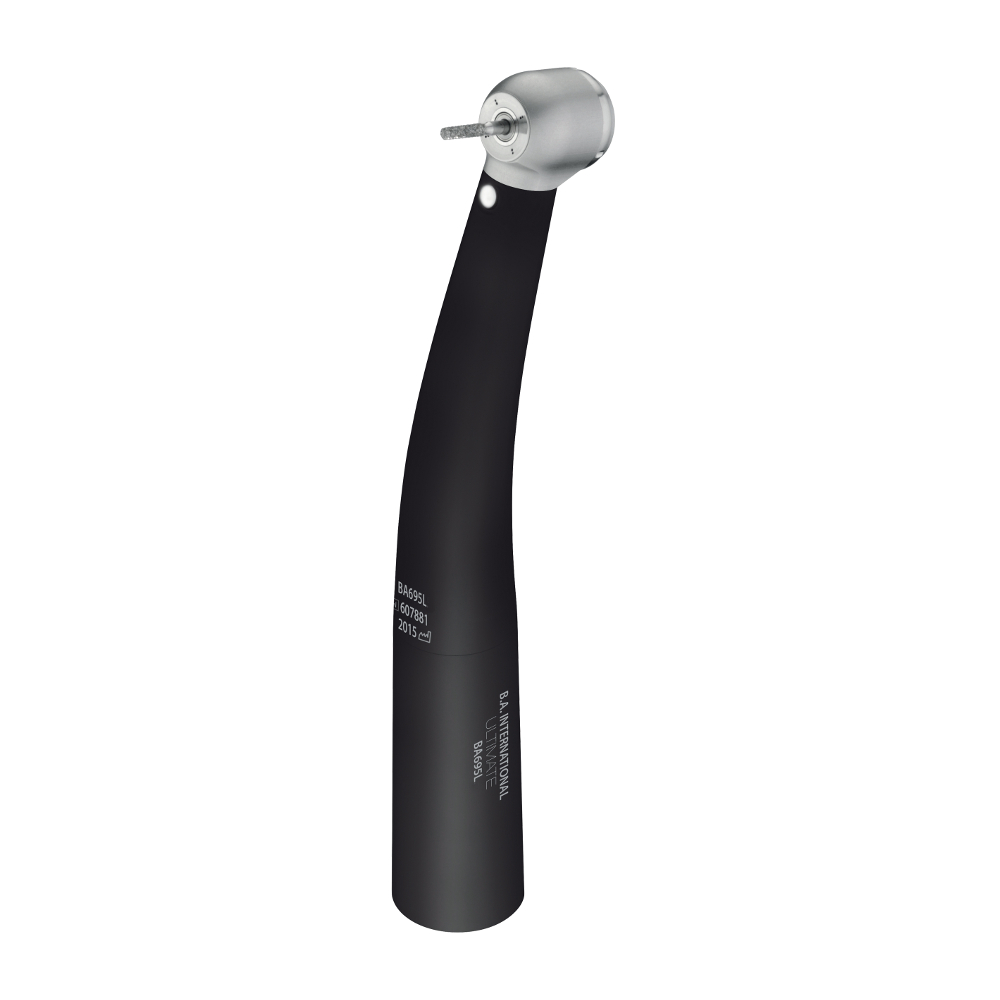 Standard head dental turbine with integrated light, smooth stainless steel body, slim angled neck and compact head, compatible with Sirona connections.