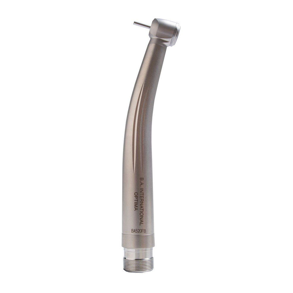 A stainless‑steel BA520FB dental turbine shown upright, with a slim straight body, smooth surface, compact head, push‑button top, single spray outlet, and a Borden connection at the base.